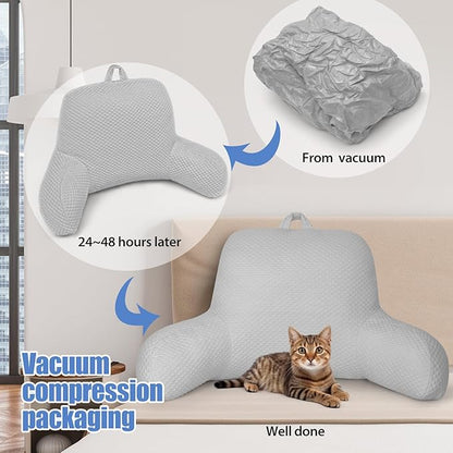 Reading Pillow, Silk Back Support Pillow for Bed Sitting Up, Large Bed Rest Pillow with Arms for Adults,Back Support Pillow for Couch and Chair, Grey