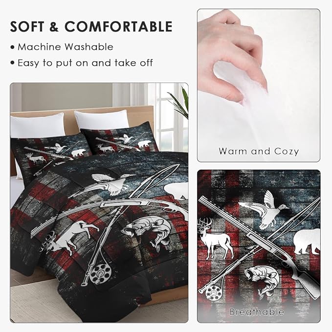 Twin Size Comforter Set with Pillowcase, Hunting Fishing Hunter Soft 2 Pcs Bedding for Kids and Adults, Vintage Animal Retro Comforter Set for Room Bedroom Bed Decor