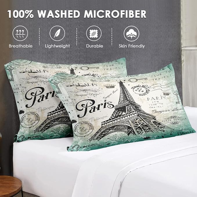 King Size Comforter Set with 2 Pillowcase, Vintage Eiffel Tower Soft 3 Pcs Bedding for Kids and Adults, Paris Summer Comforter Set for Room Bedroom Bed Decor