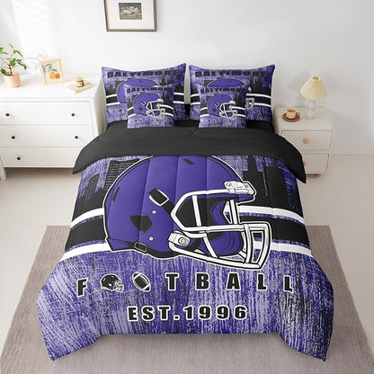 Erosebridal Rugby Football Bed in A Bag Sports Helmet Bedding Set for Boys Girls Women Men Football Silhouette Rugby Decor Comforter Sets with Sheets King Size 7Pcs