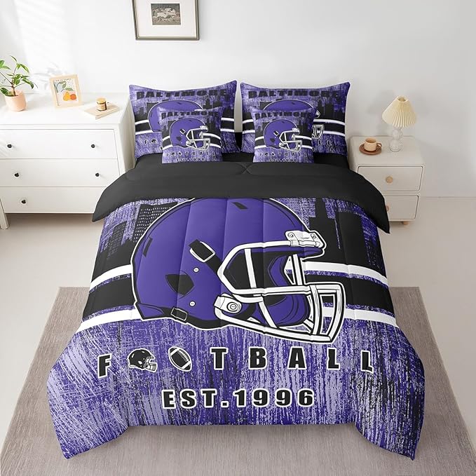 Erosebridal Rugby Football Bed in A Bag Sports Helmet Bedding Set for Boys Girls Women Men Football Silhouette Rugby Decor Comforter Sets with Sheets Queen Size 7Pcs