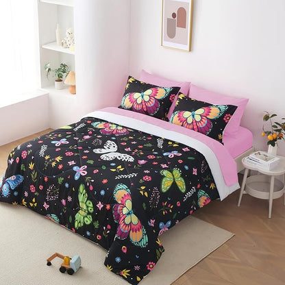 Girls Butterfly Comforter Set Twin Size Colorful Flowers Leaves Bedding Set for Kids Teens Black 7 Piece Bed in A Bag Super Soft All Season