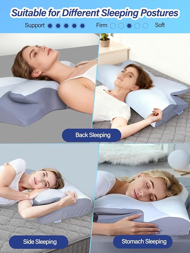 Orthopedic Neck Pillow - 2 in 1 Cooling Contoured Memory Foam Pillow, Butterfly Pillow for Side/Back/Stomach Sleepers with Removable Cover and Side Pocket (King, White & Gray)