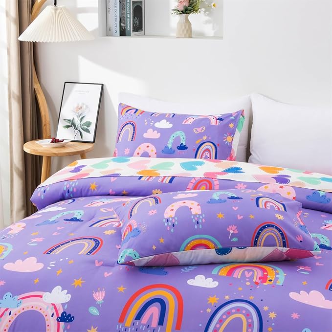 Holawakaka Boho Rainbow Twin Comforter Set with Sheets, 5-Piece Bohemian Love Heart Star Bedding Set for Girls & Women -Super Soft Microfiber Kids Teen-girls Twin Size Lavender Reversible Bed-in-a-Bag