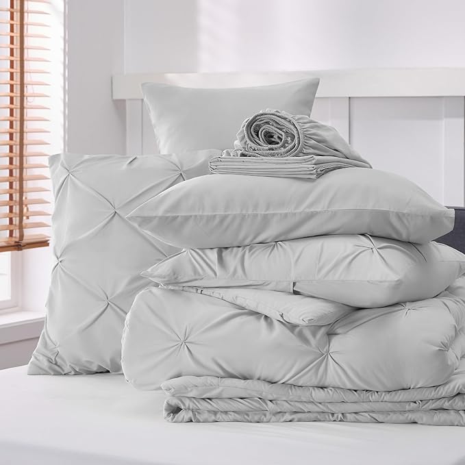Bedsure Twin XL Comforter Set - Extra Long 5 Pieces Dorm Bedding Sets, GentleSoft™ Pinch Pleat Light Grey Bed in a Bag with Pintuck Comforter, Sheets, Pillowcase & Sham