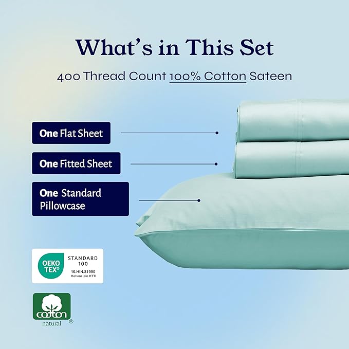 California Design Den Twin XL Sheet Sets - Soft 400 Thread Count Sateen, Natural 100% Cotton Sheets Set with Deep Pockets, and Durable Bedding - Seafoam
