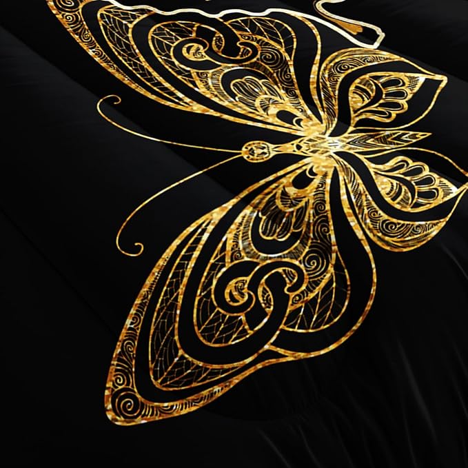 Kids Bedding Queen Size Comforter Set,Black and Gold Butterfly Bedding Comforter Sets for Boys Girls Room Decor,Animal Themed Artistic Aesthetic Bedding Sets with 2 Pillowcases.