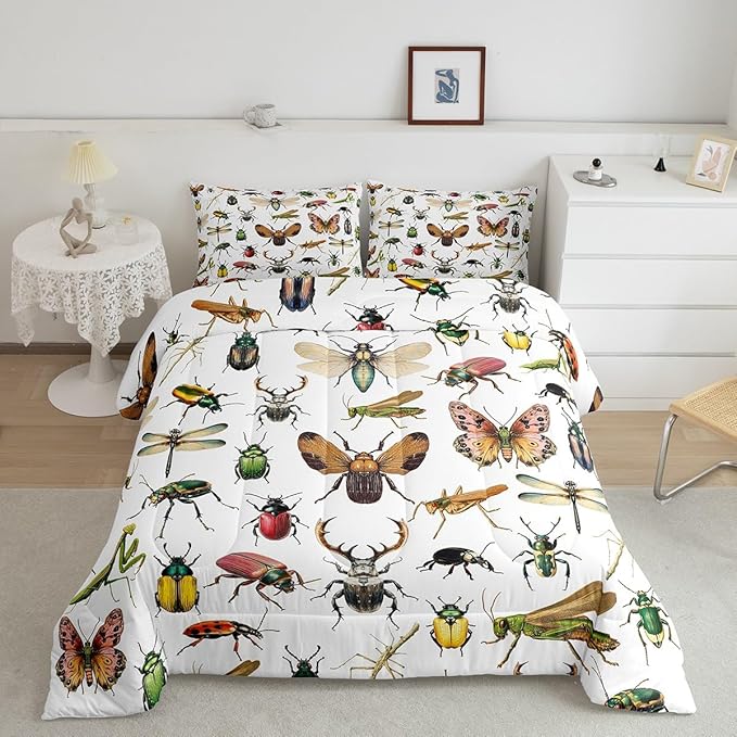3D Insects Duvet Cover Full,Ladybug Moth Beetle Comforter Cover 3Pcs for Kids Teens Woman Men Room Decor,Dragonfly Wildlife Bedding Sets Reptile Entomology Theme Quilt Cover,2 Pillowcases