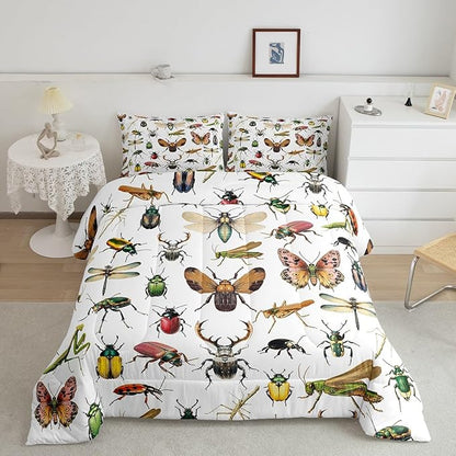 3D Insects Duvet Cover Full,Ladybug Moth Beetle Comforter Cover 3Pcs for Kids Teens Woman Men Room Decor,Dragonfly Wildlife Bedding Sets Reptile Entomology Theme Quilt Cover,2 Pillowcases