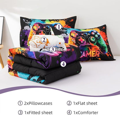 NTBED Game Console Comforter Set for Boys Girls Kids Tie Dye Gaming Lightweight Microfiber Gamer Bedding Sets (Multi, Twin 5Pcs)