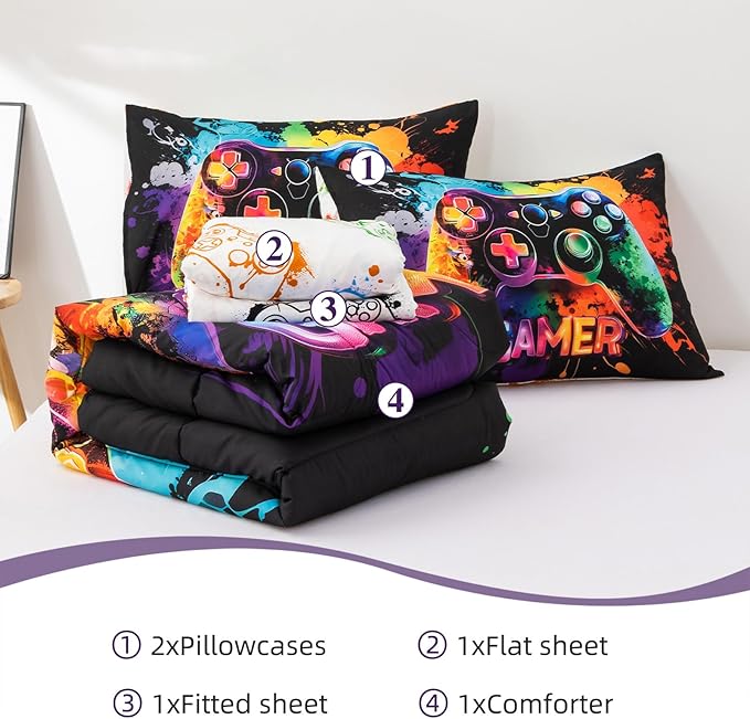 NTBED Game Console Comforter Set for Boys Girls Kids Tie Dye GamingLightweight Microfiber Gamer Bedding Sets (Multi, Queen 5Pcs)