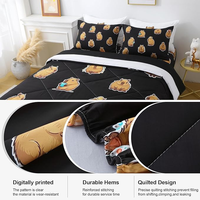 Wajade Capybara Comforter Set 7 Piece Cute Black Animal Bedding Set Capybara for Boys Girls Room Decoration Twin Size with Sheet and 2 Pillowcases 2 Pillow Shams Cute Bed in a Bag as Birthday Gift