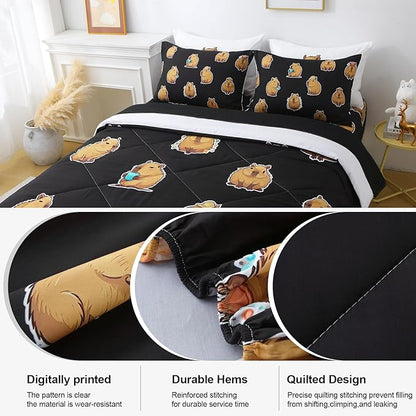 Wajade Capybara Comforter Set 7 Piece Cute Black Animal Bedding Set Capybara for Boys Girls Room Decoration Twin Size with Sheet and 2 Pillowcases 2 Pillow Shams Cute Bed in a Bag as Birthday Gift