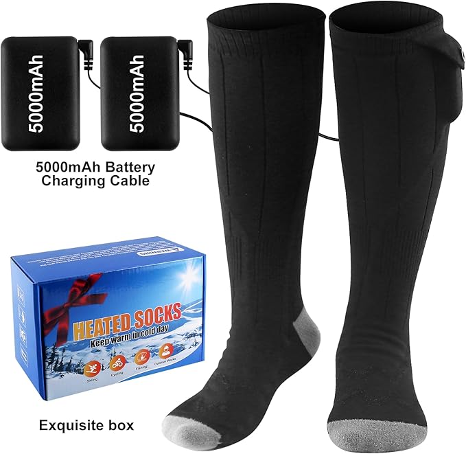 Rechargeable Heated Socks for Men & Women, 4 Heating Levels Electric Warming Socks with Battery, Breathable Feet Warmers for Skiing Hunting Cycling Winter Outdoor Activities, Black