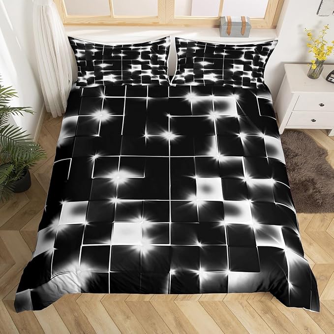 Castle Fairy Abstract Duvet Cover Set Full Size,3D Modern Cool Geometric Grid Square Comforter Cover with 2 Pillowcases,Shiny Gray Neon Light Black Breathable Bedspread for Boys Teens