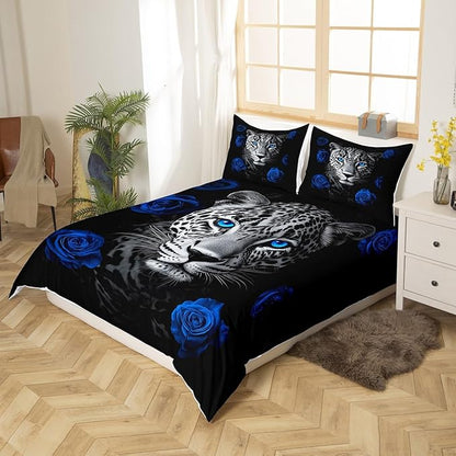 Leopard Duvet Cover Set Queen Size, Wildlife Animal Bedding Set for Teens Kids Boys Girls,Blue Rose Flowers Soft Microfiber Comforter Cover with 2 Pillowcases Dorm Decor Quilt Cover 3Pcs