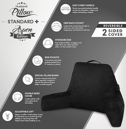 Husband Pillow Aspen Stable Black, Reading Pillow Bed Rest Chair, Two-Sided Reversible Fabric, Large Lounge Cushion Adult Backrest with Arms, Comfy Back Support for Sit Sitting Up, Wash/Remove Cover