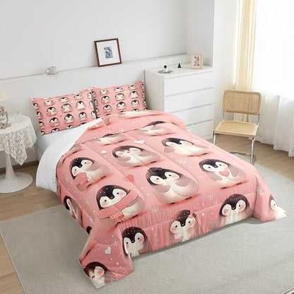 Castle Fairy Lovely Penguin Bedding Set Twin Size Cute Antarctic Animal Comforter Set for Girls Boys Room Decor Watercolor Snowflake Down Comforter Geometric Heart Print Quilt Set with 1 Pillowcase