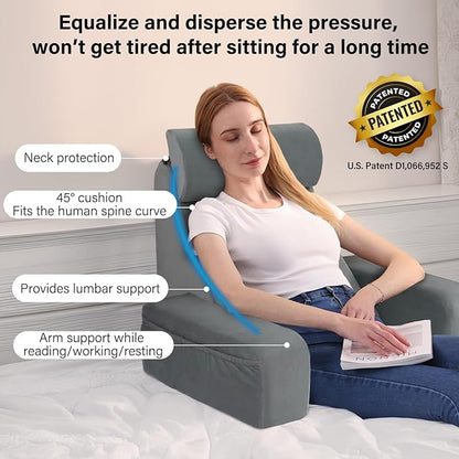 ENITYA 19" Back Support Pillow,Reading Pillow with Built-in Arms & Large Pockets, Removable Washable Cover, Wedge for Sitting,Reclining,Watching TV,Post Surgery in Bed,Couch or Floor,Medium Firm,Grey