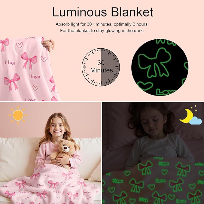 Lotus Karen Pink Bow Glow in The Dark Love Blanket Birthday Gifts for Girls 1 2 3 4 5 6 7 8 9 10 11 12 Kids Blanket with Heart Halloween Christmas Girl Gifts Ideas Cute Bedroom Decor（Pink Bow 60"×80"