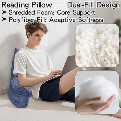 RRPAHWTV Reading Pillow for Bed with High Arm Rests,Back Support Pillow for Sitting Up in Bed with Shredded Memory Foam for Reading, TV, Gaming or Relaxing on Floor（Dark Blue, Small）