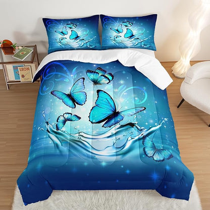 Fantasy Blue Butterfly Comforter Set Queen Size,Butterflies on Water Flash Bedding Sets 3 Pieces,Blue Series Aesthetic Bedding for Kids Girls Boys Room Decor with 2 Pillowcases.