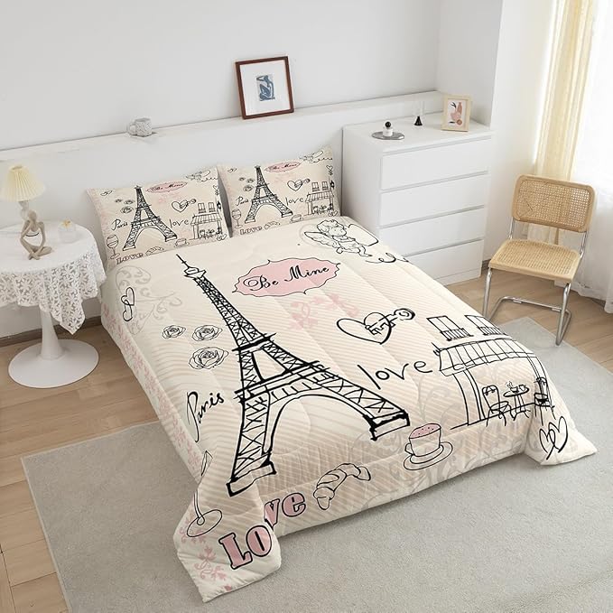 Feelyou Eiffel Tower Comforter Set King Paris Tower Comforter for Girls Romantic Rose Chic Paris Theme Bedding Set Paris Cityscape Printed Heart Love Duvet Set Room Decor Twin with 1 Pillow Case