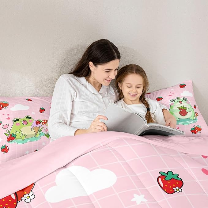 Cartoon Frog Comforter Set Full Size Red Mushroom Strawberry Bedding Bedroom Decor Cute Stars Cloud Pink Grid Quilt Kawaii Animals Plants Duvet Insert 3Pcs (ZZRS2949ZMD-BZ_USf)
