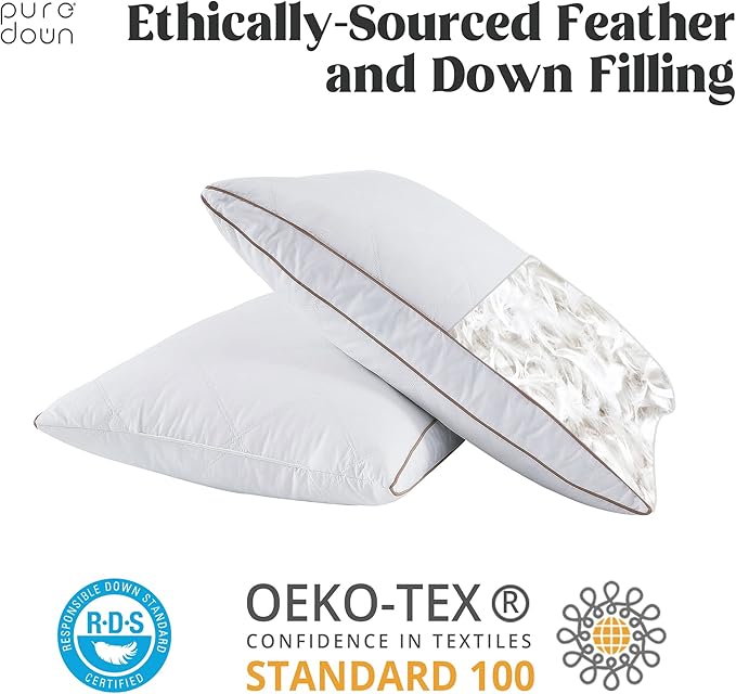 puredown® Natural Goose Down Feather Pillows for Sleeping Oval Gusseted Down Feather Pillow 100% Cotton Pillow Cover with Leaf Quilting Queen Set of 2