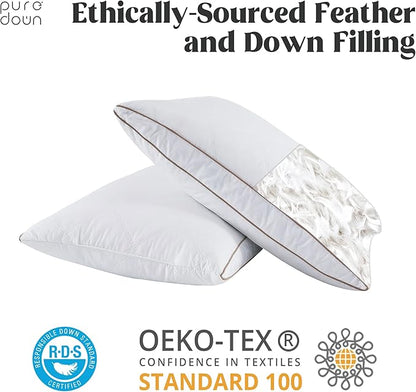 puredown® Natural Goose Down Feather Pillows for Sleeping Oval Gusseted Down Feather Pillow 100% Cotton Pillow Cover with Leaf Quilting Queen Set of 2