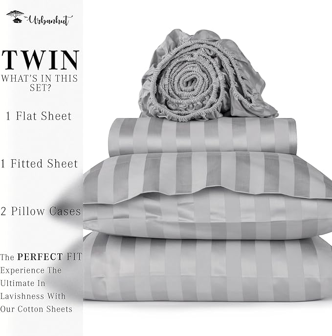 URBANHUT 1000 Thread Count Egyptian Cotton Sheets Damask Striped Twin Size, Breathable Long Staple, 4 Pc Bed Sheet Sets, Luxury Hotel Sateen Sheets Fits 16" Deep Pocket - Silver Grey
