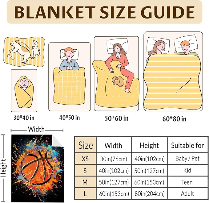 Blanket for Boys Men- Basketball Throw Blanket Gift for Basketball Lover - 60x50 Inches Sports Blankets for Kids Teens Adults - Black Soft Fuzzy Basketball Stuff for Couch Sofa Bed