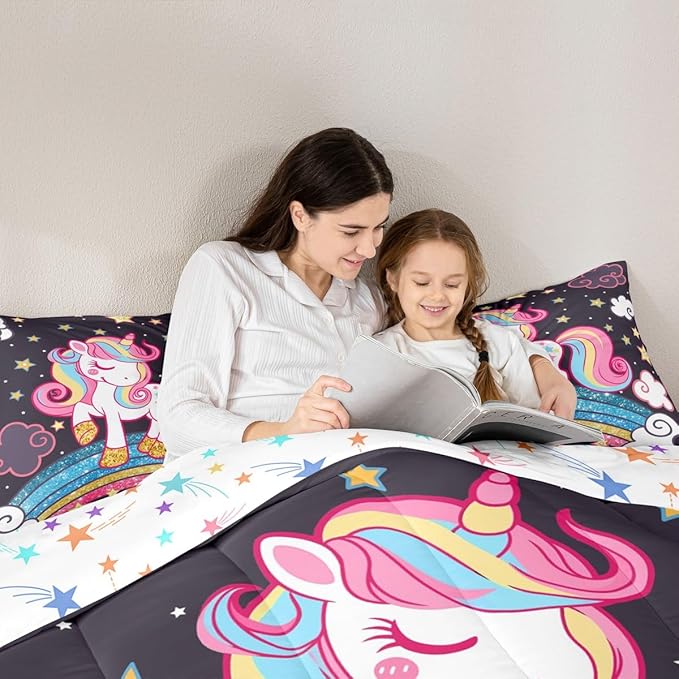 Feelyou Unicorn Bedding Queen,Star Print Rainbow Kids Comforter Sets for Girls Comforter Set,Cute Animal Bedding Cute Unicorn Duvet Quilt,Fairy Bedroom Decor