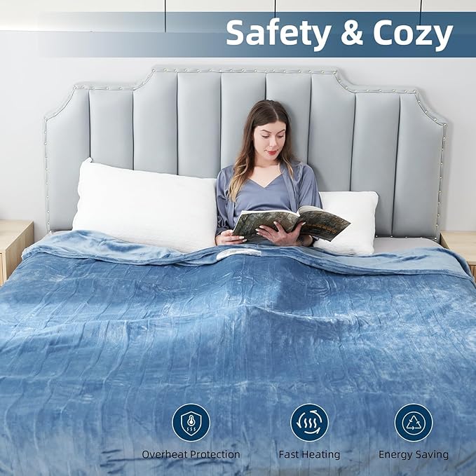 Electric Heated Blanket Twin Size 62”x84”,Soft Warmth Cozy with 5 Heating Settings 10 Hours Auto-Off, One Touch Operation, Machine Washable, Blue Grey