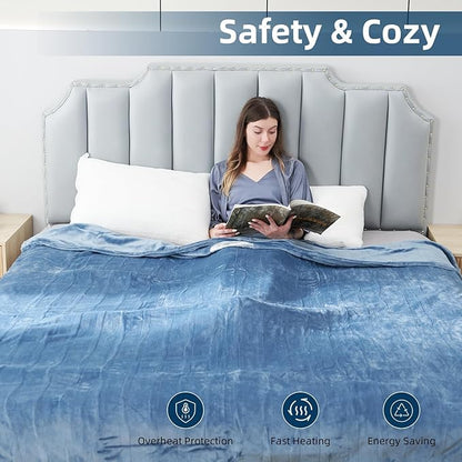 Electric Heated Blanket Twin Size 62”x84”,Soft Warmth Cozy with 5 Heating Settings 10 Hours Auto-Off, One Touch Operation, Machine Washable, Blue Grey