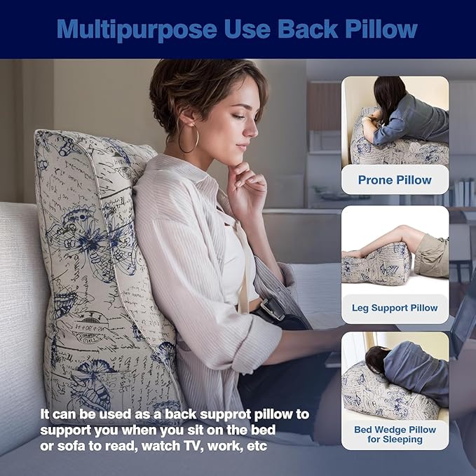 Daneey Back Pillow for Bed Sitting Up-Reading Pillows for Sitting in Bed Adult Back Support Pillow, 100% Cotton 24 * 10 * 24IN, Blue
