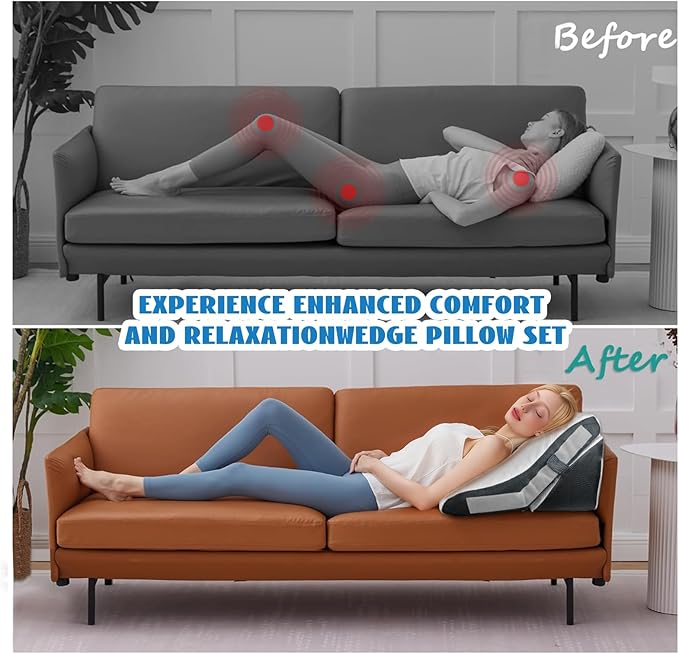 Wedge Pillow, 9&12" Adjustable Bed Wedge Pillow for Sleeping, Ergonomically Triangle Pillow for Back Pain Relief, Memory Foam Pillow Wedge for Post Surgery, Acid Reflux and Snoring, White/Grey