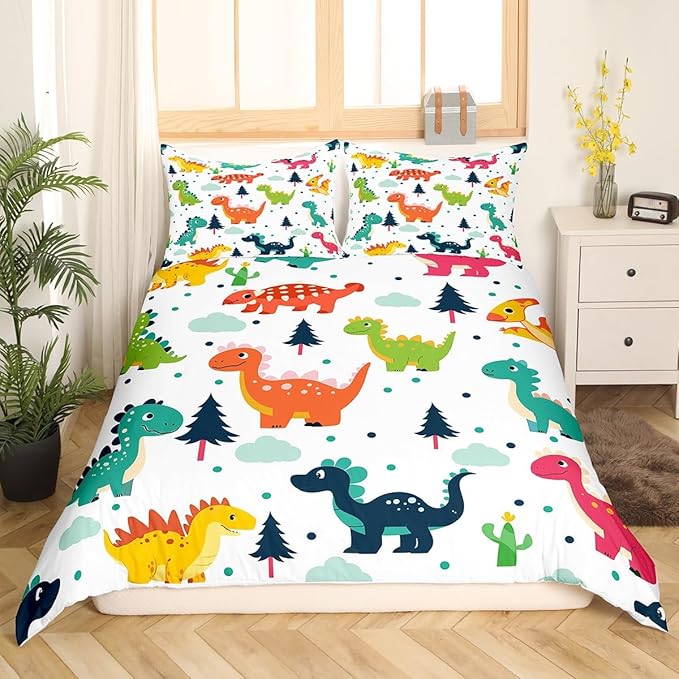 Cartoon Dino Kids Duvet Cover Queen Size,Cute Dinosaur Watercolor Wild Animal Duvet Cover Set for Children Adult,Kawaii Dino Dots Pine Cloud Print Soft Comforter Cover for Dorm Room, Zipper, Ties