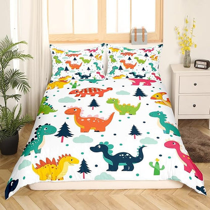 Cartoon Dino Kids Bedding Set King Size for Teens,Cute Dinosaur Watercolor Wild Animal Comforter Cover with 2 Pillowcases,Kawaii Dino Dots Pine Cloud Print Duvet Cover Set Microfiber Quilt Cover
