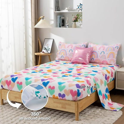 A Nice Night Lightweight Soft Cartoon Rainbow 6Pcs Twin Comforter Sets, Love Hearts Printed Bedding Set for Boys Girls,Pink