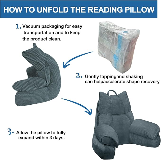 RRPAHWTV Reading Pillow for Bed with High Arm Rests ,Back Support Pillow for Sitting Up in Bed with Shredded Memory Foam for Reading, TV, Gaming or Relaxing on Floor（Charcoal Gray, Large）
