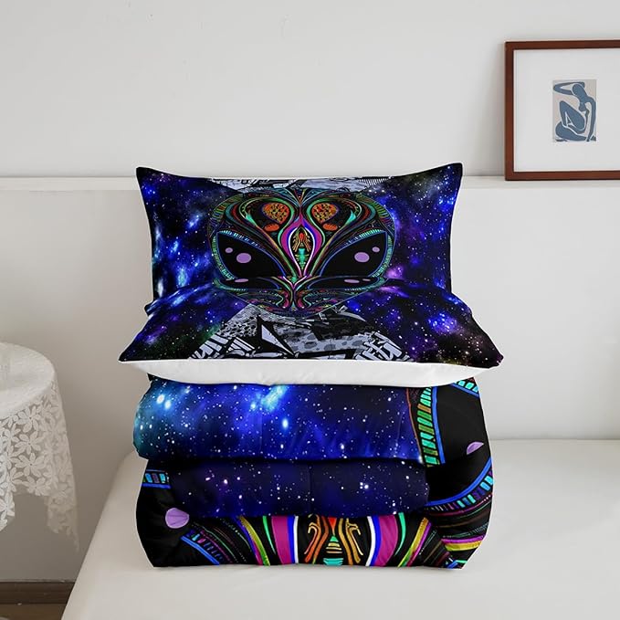 Feelyou Alien Printed Comforter Kids Galaxy Outer Space Themed Bedding Set Boys Girls Trippy Alien Hippie Skull Decor Comforter Set Colorful Tie Dye Quilted Duvet Bedroom Bed Set Full Size…