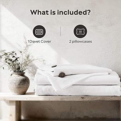 JELLYMONI Washed Cotton Duvet Cover - Off White, Oversized Queen Size 98x98 Inches, 3-Piece Bedding Set with Button Closure, Includes 1 Duvet Cover & 2 Pillowcases (Comforter Not Included)