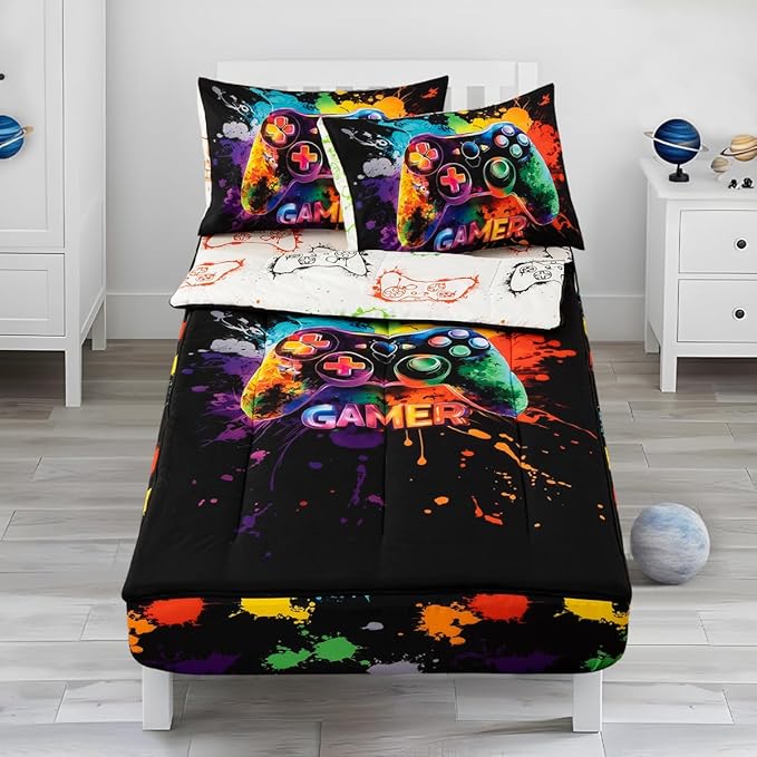 Holawakaka Kids Zipper Bedding Gaming Comforter Set, Boys Girls Twin Size Splashed Gamer Print Zippered Bed Sets, Child Cartoon Dorm Zip Bedding