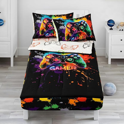 Holawakaka Kids Zipper Bedding Gaming Comforter Set, Boys Girls Twin Size Splashed Gamer Print Zippered Bed Sets, Child Cartoon Dorm Zip Bedding