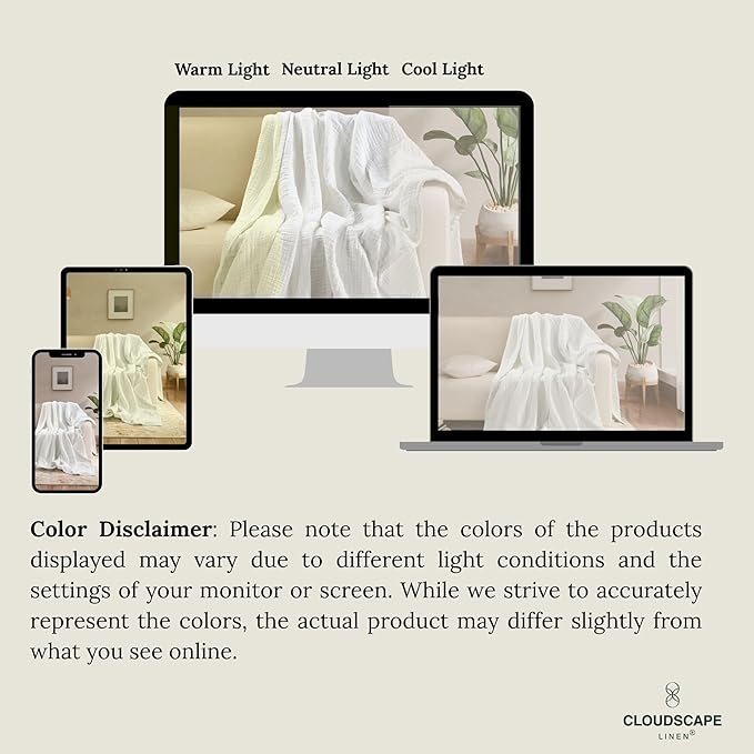 Cloud Scape Linen 100% Cotton 8 Layer Twin Size Muslin Blanket - Breatheable and Soft Winter Blanket for Bed, Couch and Sofa, Oversized Fits up to Twin XL, Best Gift Idea, 68x92, White