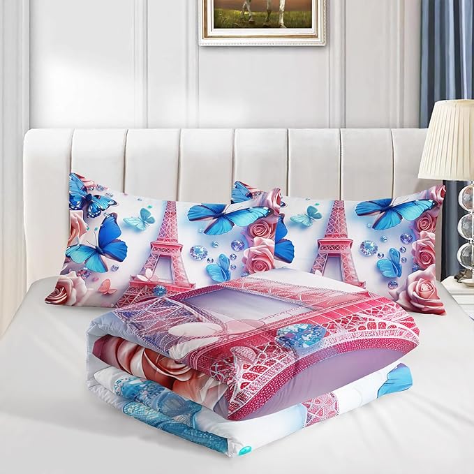 Paris Eiffel Tower Comforter 3Pcs Blue Butterfly Bedding Queen Rose Flower Bedding Set for Kid Teen Girl Boy Adult Bed Decor Colorful Diamonds Quilt with 1 Comforter and 2 Pillowcases