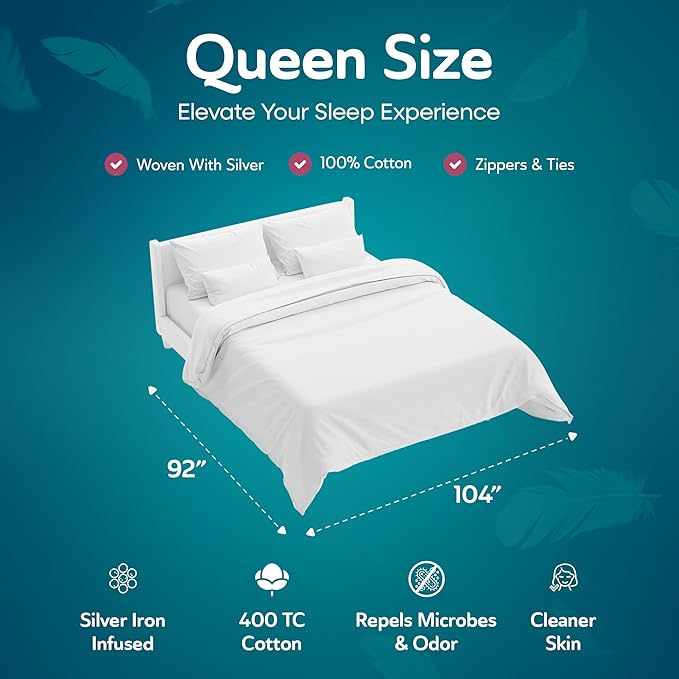 Sleepgram Supima Machine Washable 400 Thread Count Cotton Silver Ion Infused Luxury Zippered Duvet Cover with Travel Bag, Queen, White