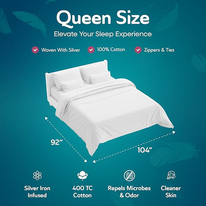 Sleepgram Supima Machine Washable 400 Thread Count Cotton Silver Ion Infused Luxury Zippered Duvet Cover with Travel Bag, Queen, White