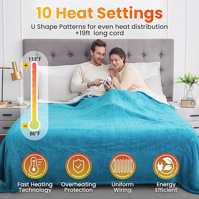 WOOMER Electric Heated Blanket Full Size, Soft Flannel Fast Heating Blanket, Teal Color, 77"x 84", 10 Heating Levels & 0.5-12H Auto Off, Over-Heat Protection